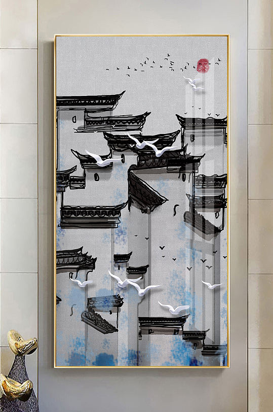 中式徽派建筑水墨画装饰画