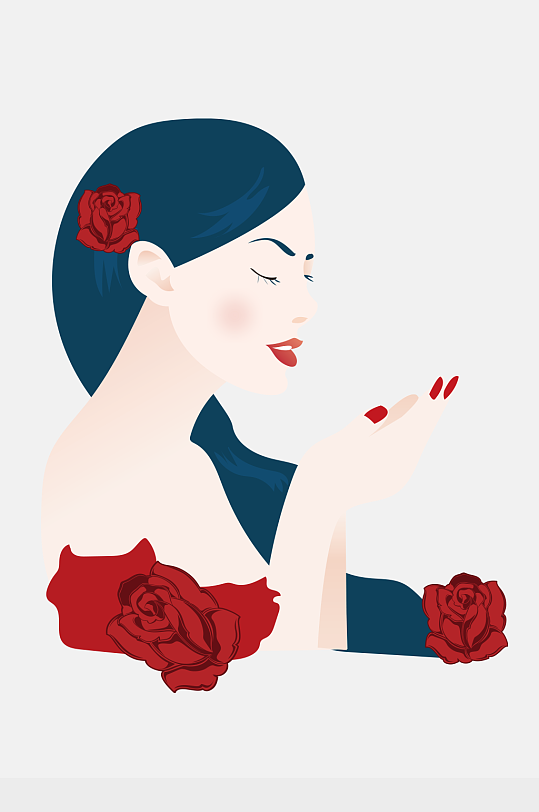 美女插画手绘花朵