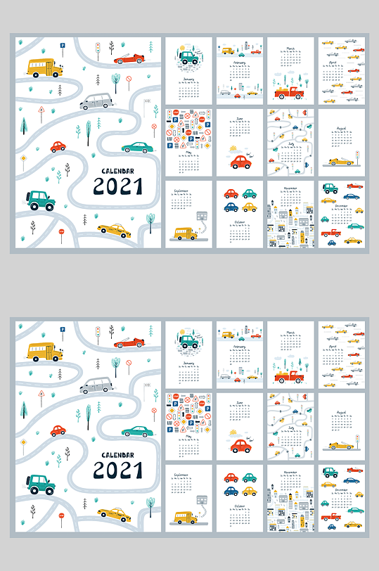 2022年虎年国外卡通小汽车台历挂历日历 全年历