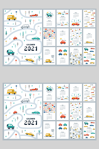 2022年虎年国外卡通小汽车台历挂历日历 全年历