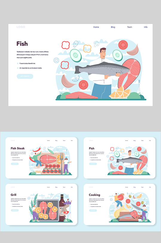 海鲜鱼类餐饮美食插画手绘背景设计