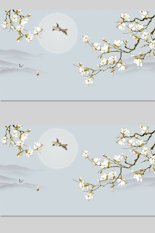 中式手绘玉兰工笔花鸟背景墙图