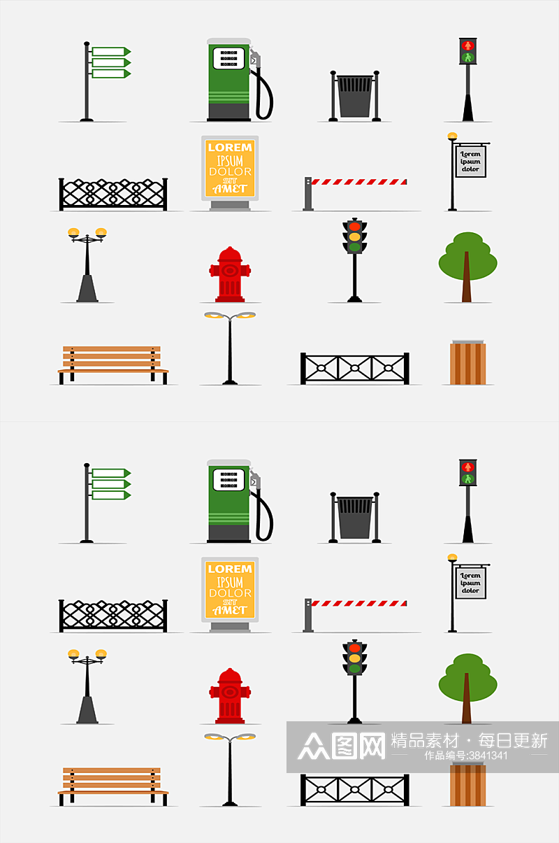 矢量街道元素集长凳广告牌消火栓元素素材