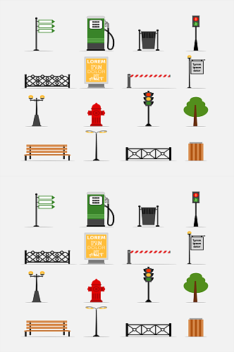 矢量街道元素集长凳广告牌消火栓元素