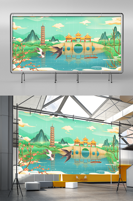 国潮鎏金城市烟花三月扬州瘦西湖地标建筑-众图网