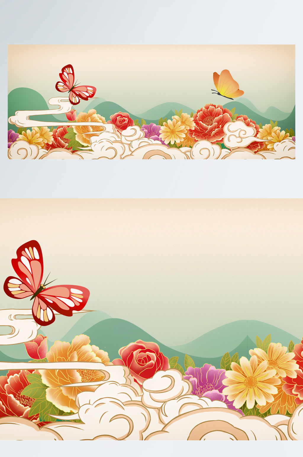 中国风手绘插画国潮花卉牡丹花蝴蝶背景素材
