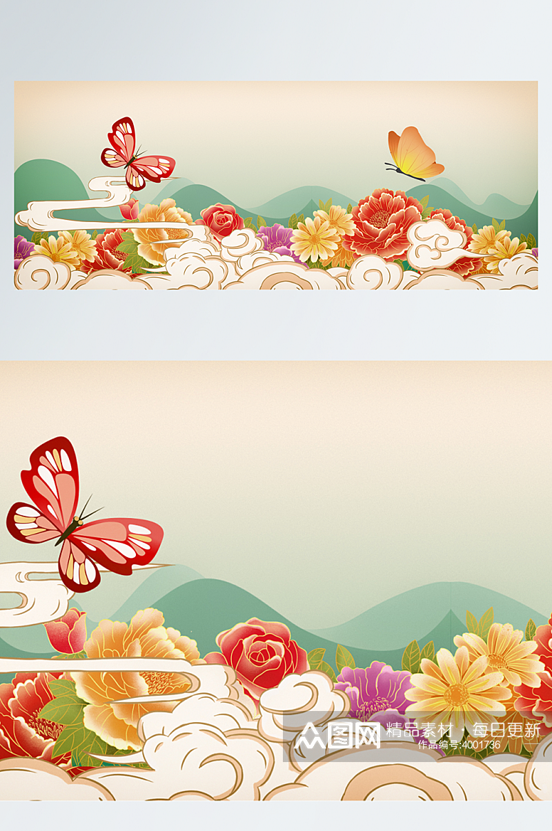 中国风手绘插画国潮花卉牡丹花蝴蝶背景素材