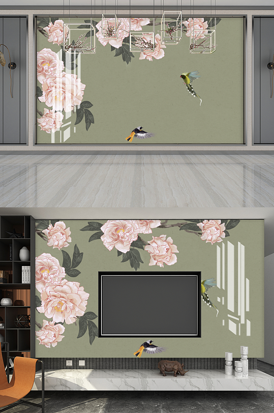 新中式牡丹花鸟画圆形挂画装饰画背景墙工笔