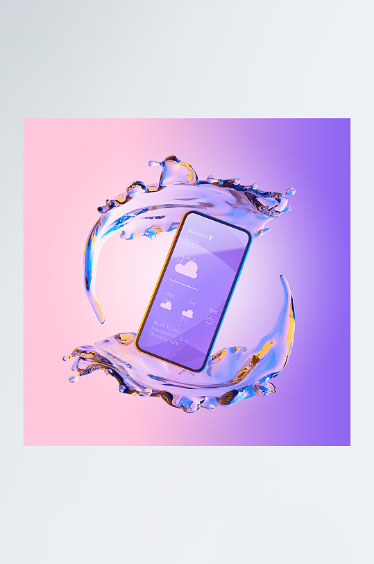 3D智能手机场景样机紫色水背景