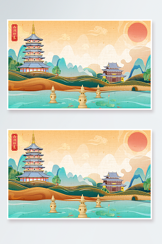 国潮新中式水上水墨西湖插画手绘背景