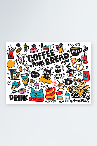 卡通猫咖啡馆卡通动物手绘插画设计元素