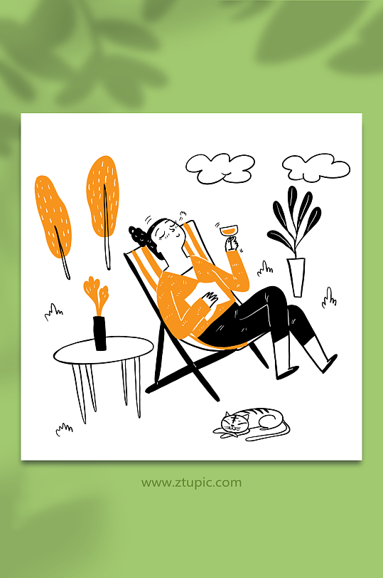 躺在椅子上喝饮料线条插画设计