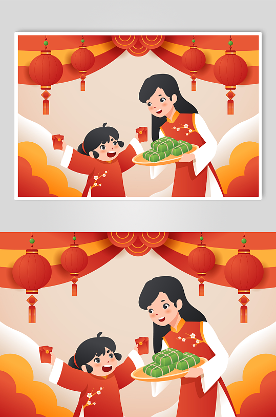端午节母女在包粽子红色喜庆插画手绘背景