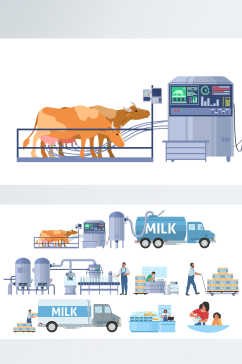 卡通手绘员工在生产一线牛奶生产线