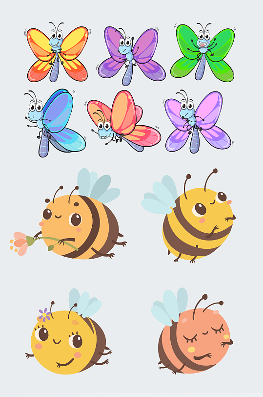 各式各样小蜜蜂卡通蝴蝶飞舞设计元素