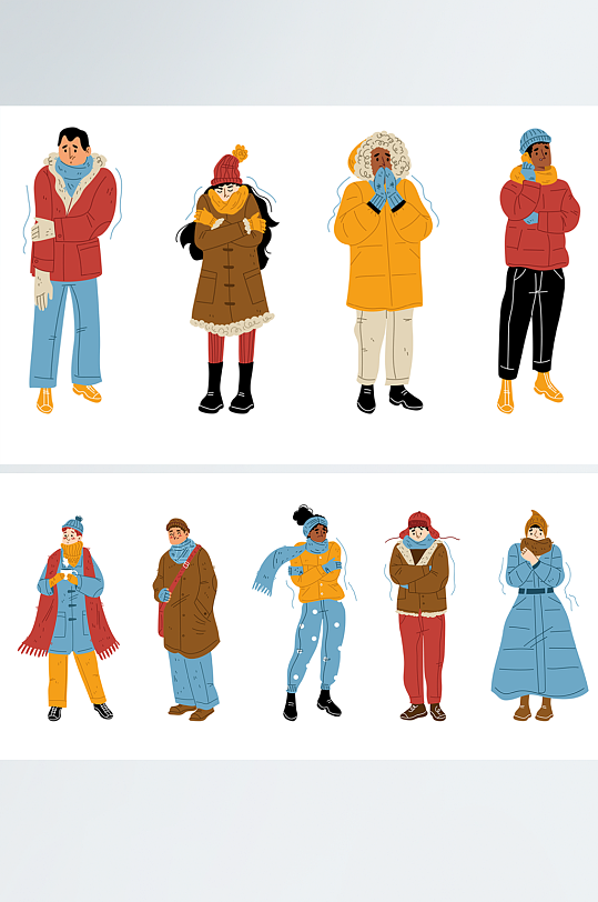 冬天穿着打扮的男孩女孩手绘插画设计元素