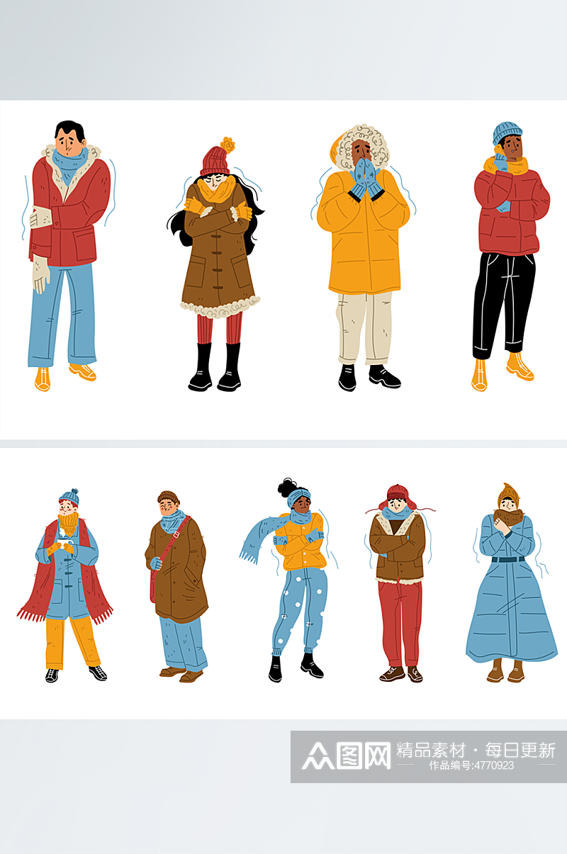 冬天穿着打扮的男孩女孩手绘插画设计元素素材