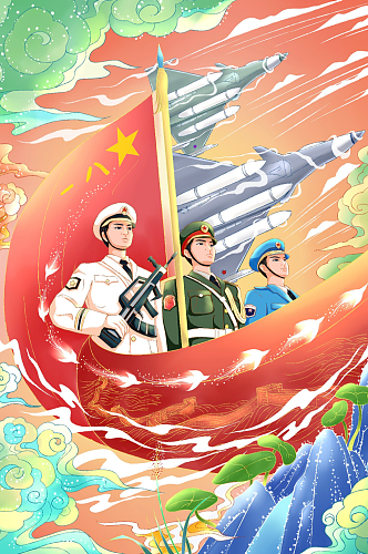 八一建军节宣传海报手绘插画背景设计