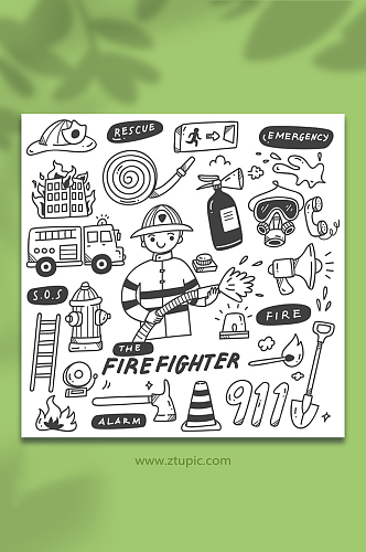 可爱消防员线描插画eps