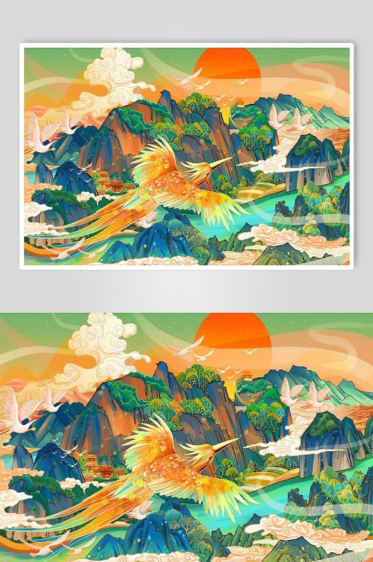 国潮凤凰山水插画-众图网