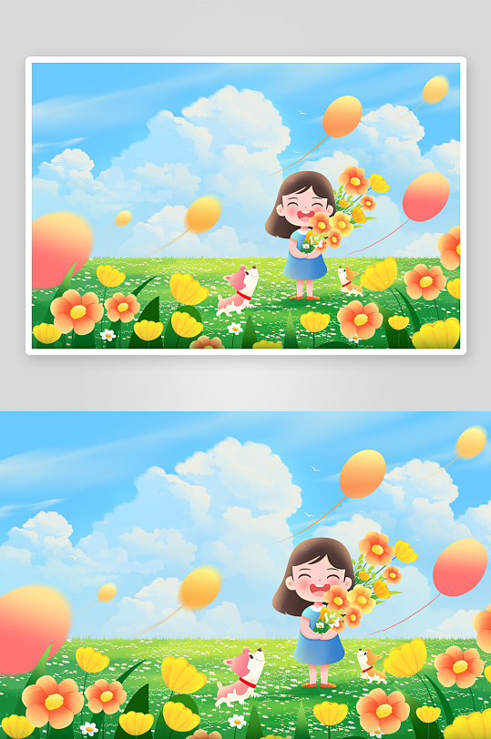 儿童插画卡通绿色春天花朵草坪背景