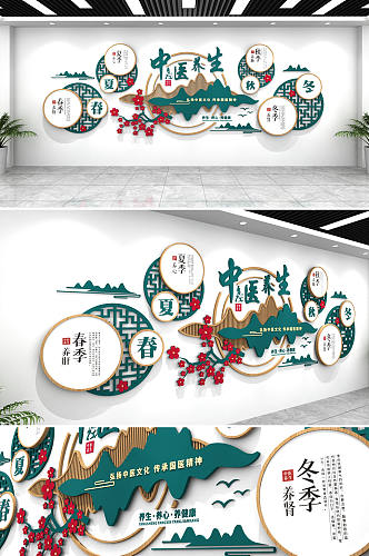 绿色古典中医养生文化墙创意设计效果图