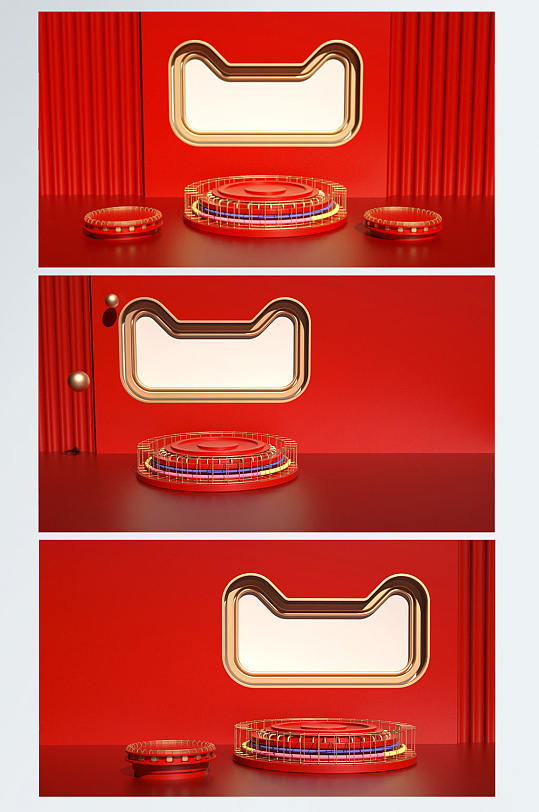 红色时尚大气国庆节天猫淘宝年货节购物展台C4D电商模型背景