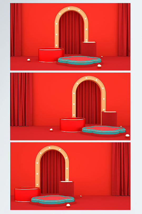 红色拱门国庆节淘宝年货节C4D展台电商模型背景