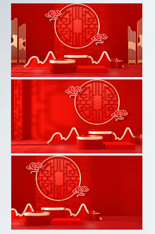 简约大气红色国庆节窗花C4D模型展台电商背景