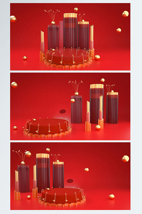 大气红色国庆节女神节C4D展台电商模型背景
