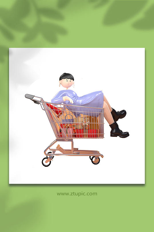 购物车里的女孩C4D卡通角色立体人物模型-众图网