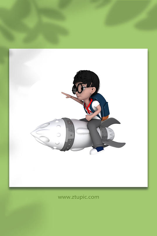 坐火箭小学生3D立体人物模型免抠元素