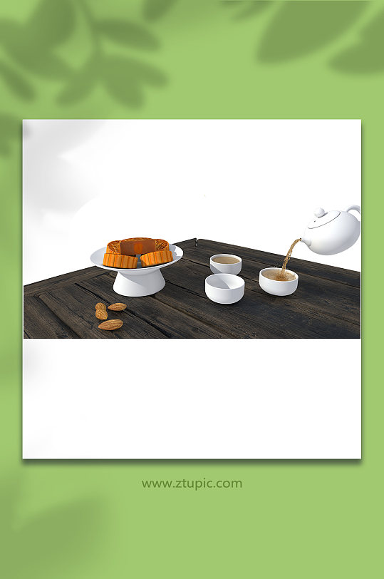 中秋节3D立体月饼茶桌模型PNG免抠元素