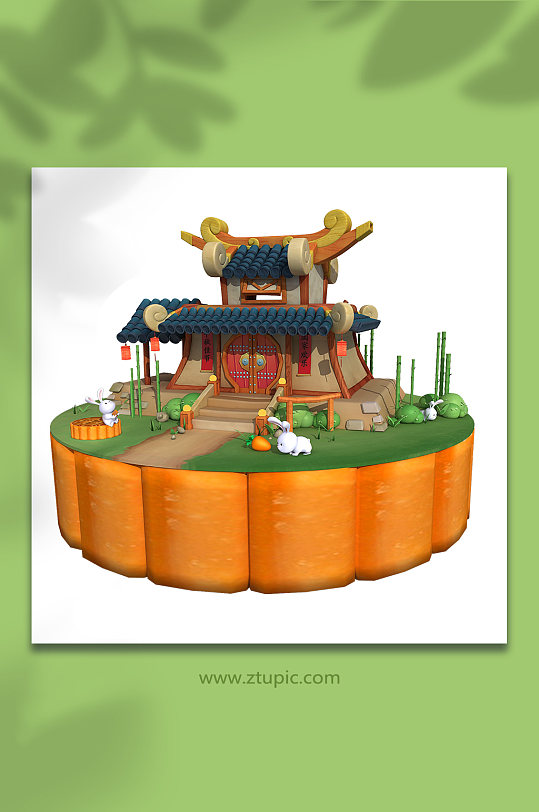 中秋节3D立体房子月饼模型PNG免抠元素