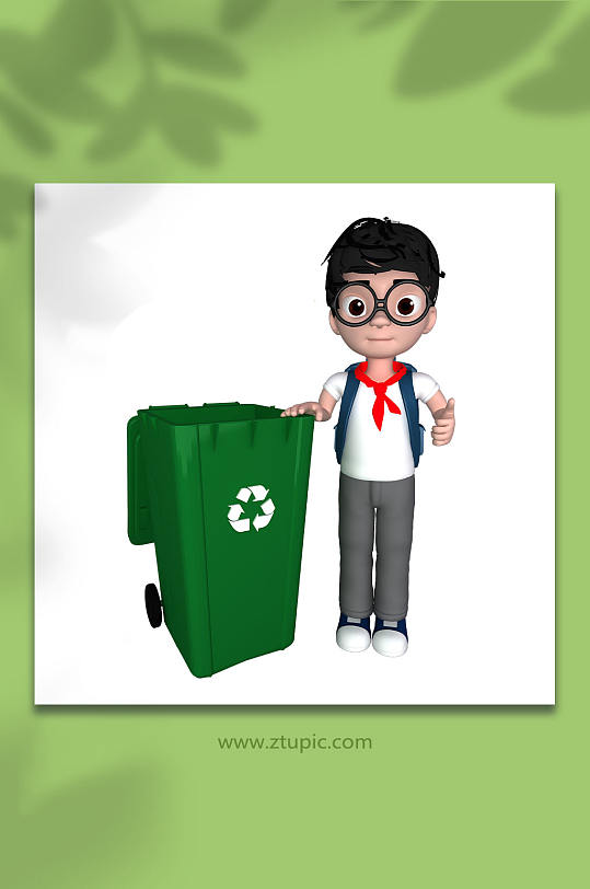 小孩与垃圾桶3d立体模型png免抠元素