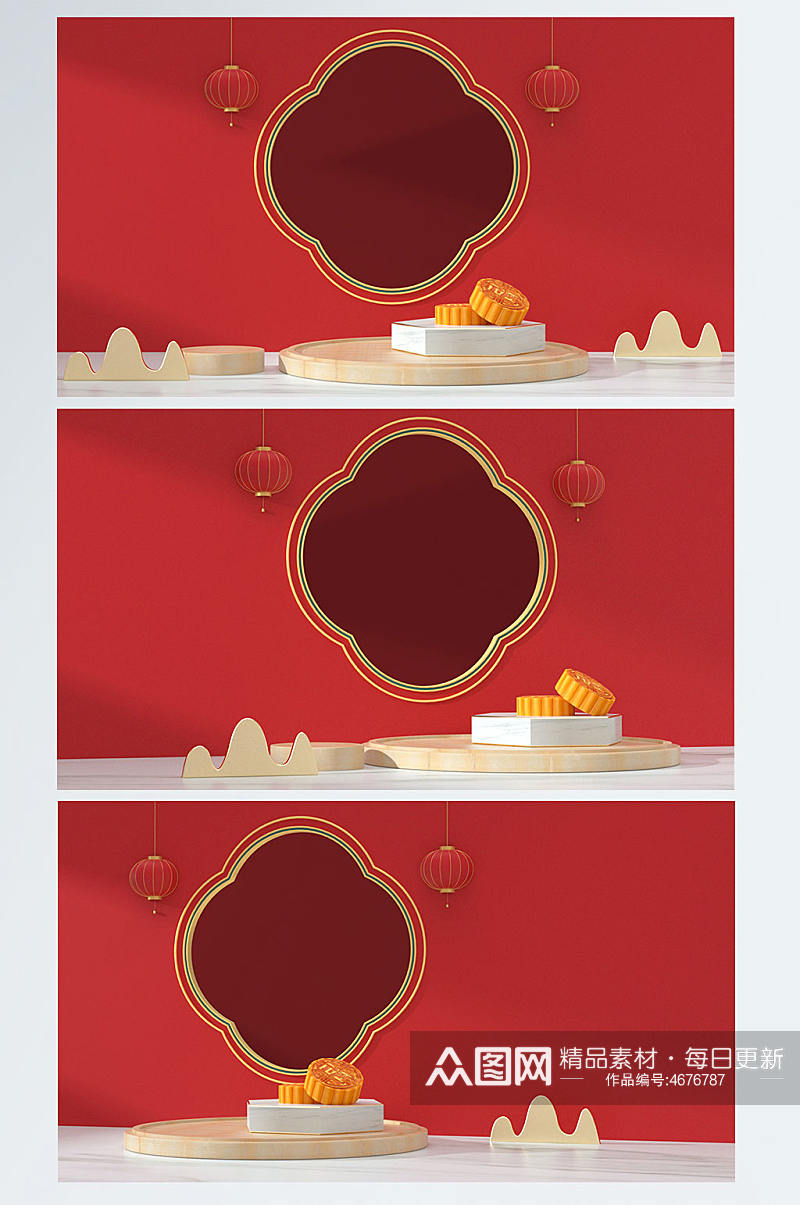 红色灯笼月饼C4D展台电商背景3D场景素材