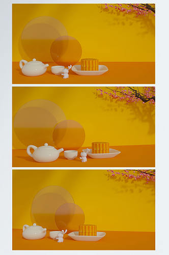 黄色中秋月饼C4D展台电商背景3D场景
