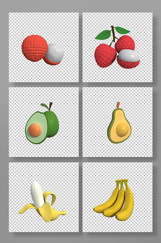 荔枝香蕉水果3D立体模型PNG免抠元素