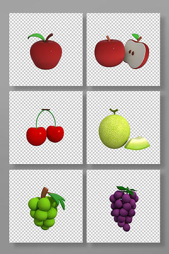 苹果葡萄水果3D立体模型PNG免抠元素