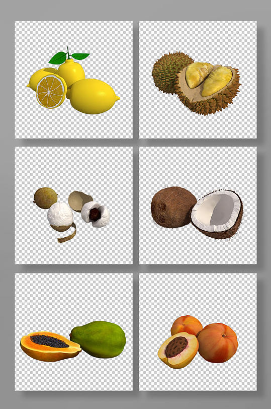 柠檬椰子水果3D立体模型PNG免抠元素