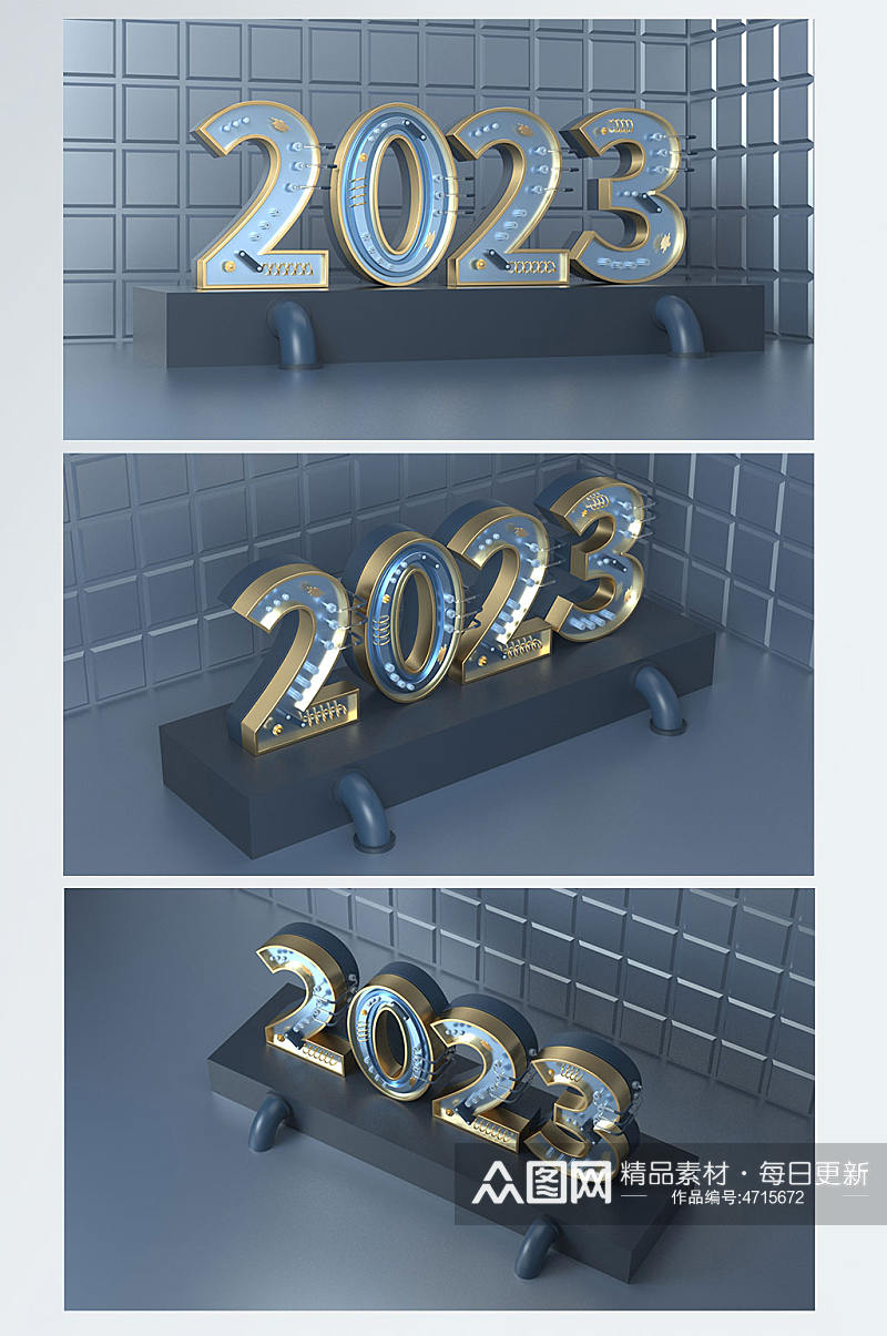 蓝色机械2023数字兔年新年C4D背景图素材