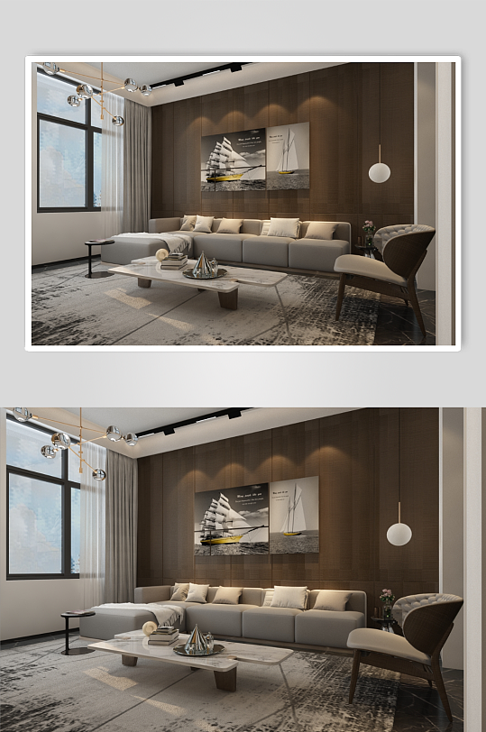 室内设计效果图现代简约木纹客厅3D模型