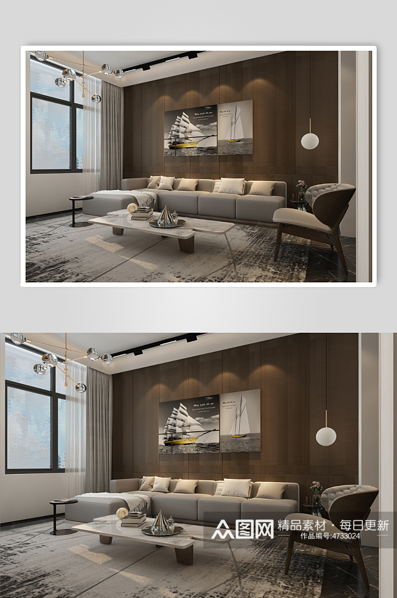 室内设计效果图现代简约木纹客厅3D模型素材