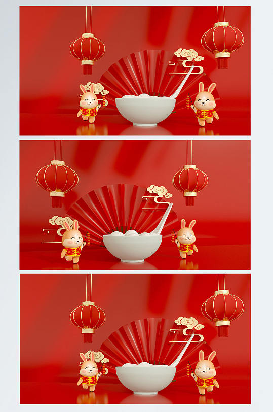 红色兔年元宵节C4D展台电商背景场景-众图网