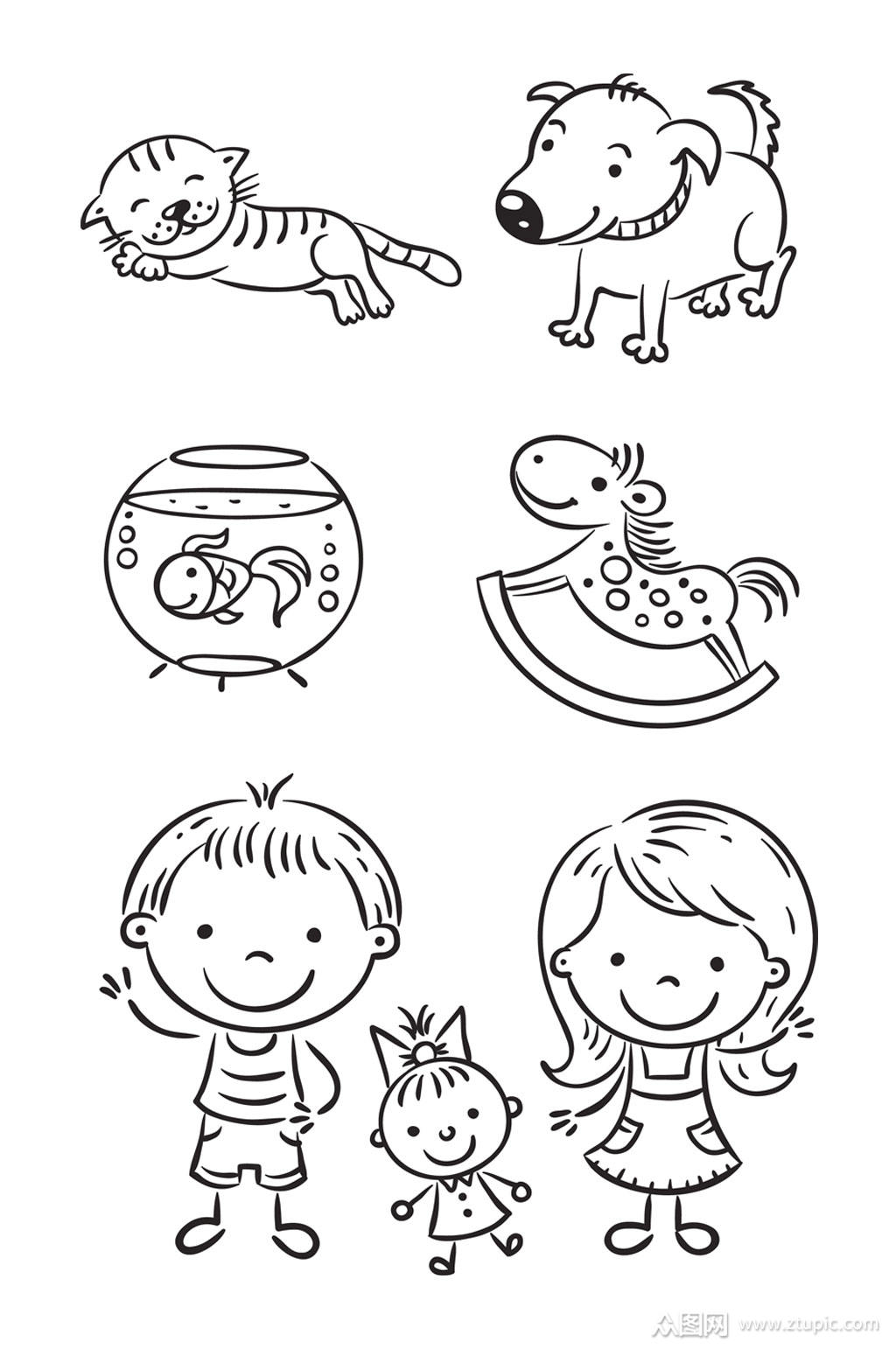 ai矢量卡通动物人物简笔画素材