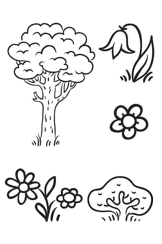 AI矢量树木花朵简笔画