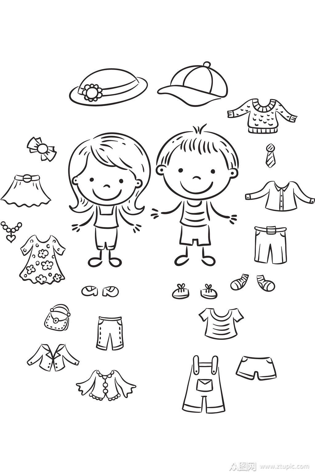ai矢量男孩女孩服装简笔画