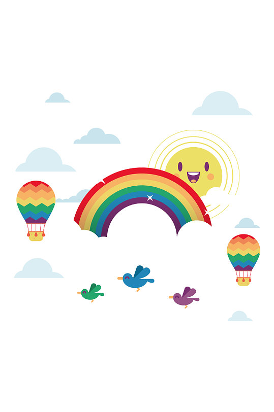 AI矢量彩虹太阳气球氢气球小鸟云