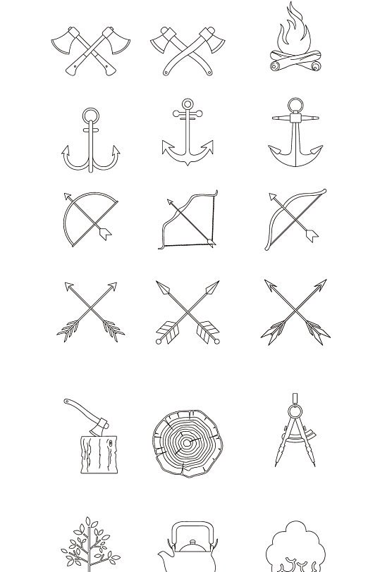 AI矢量斧头火挂钩箭木头砍树量规水壶树木