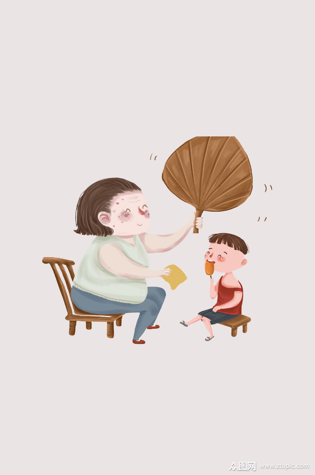 手绘夏日海报乘凉奶奶和小孩素材